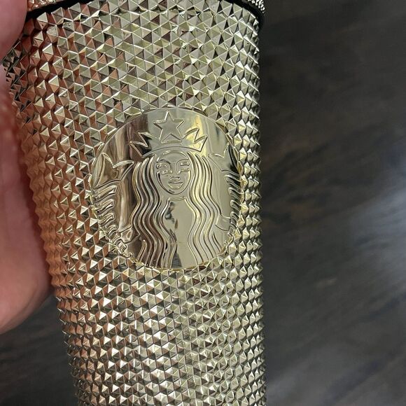 Starbucks Tumbler Gold Diamond Studded Cold Cup Grande 16oz 2022 - Picture 2 of 4